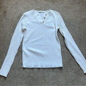 Vince Cream Ribbed Long Sleeve Polo Top